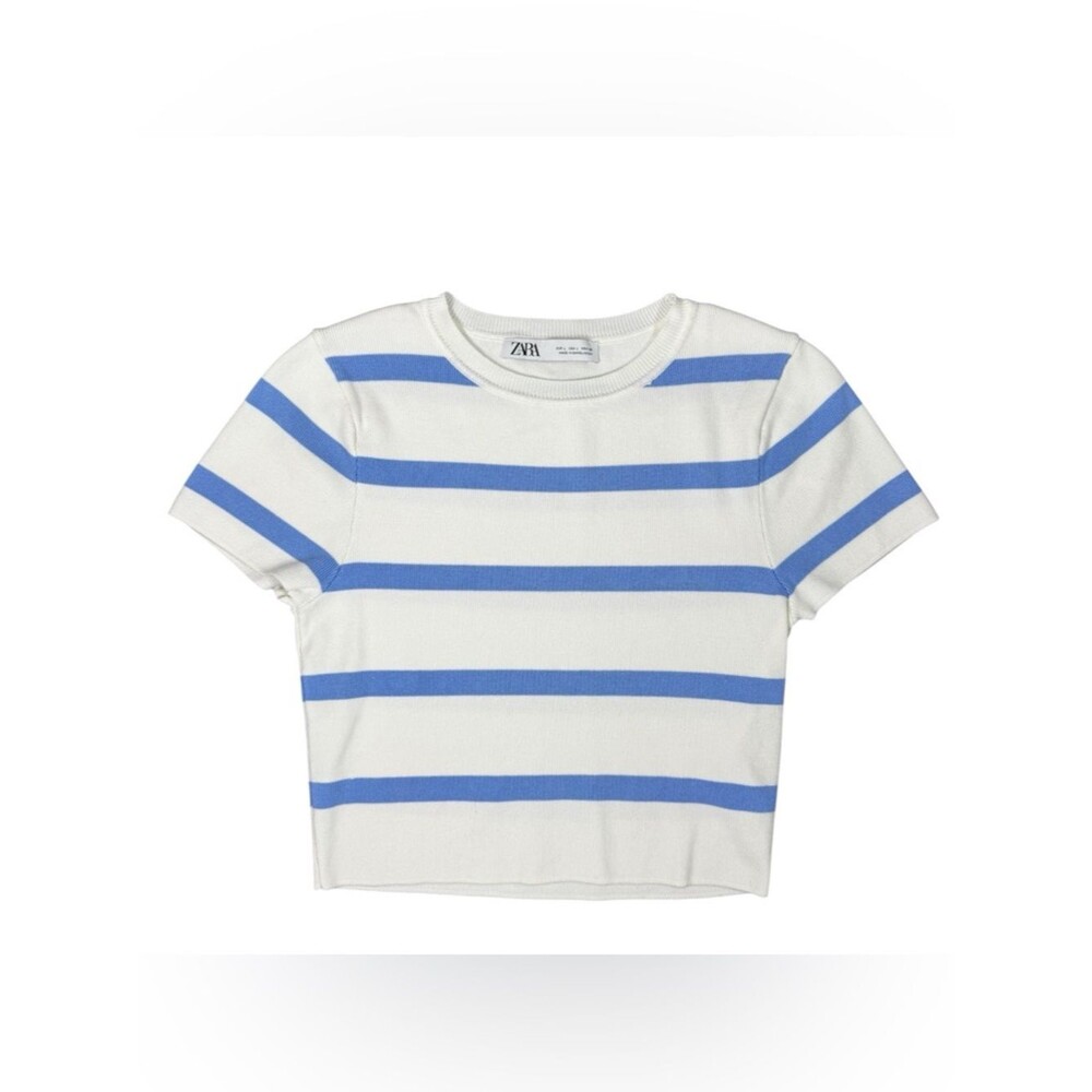Zara Cropped Knit Sweater Large White Blue Stripes Short Sleeve Coastal Preppy